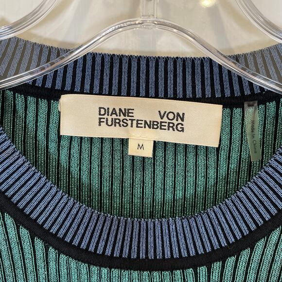Diane Von Furstenberg Cropped Plaited Pullover Ribbed Ribbon Teal Gray Purple M - Picture 3 of 5